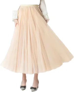 Women 3 Layers 85 Cm Pleated Skirt Midi Tulle Skirt High Waist Full Lining Adult Women Skirts