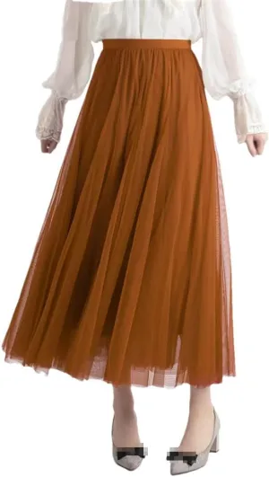 Women 3 Layers 85 Cm Pleated Skirt Midi Tulle Skirt High Waist Full Lining Adult Women Skirts