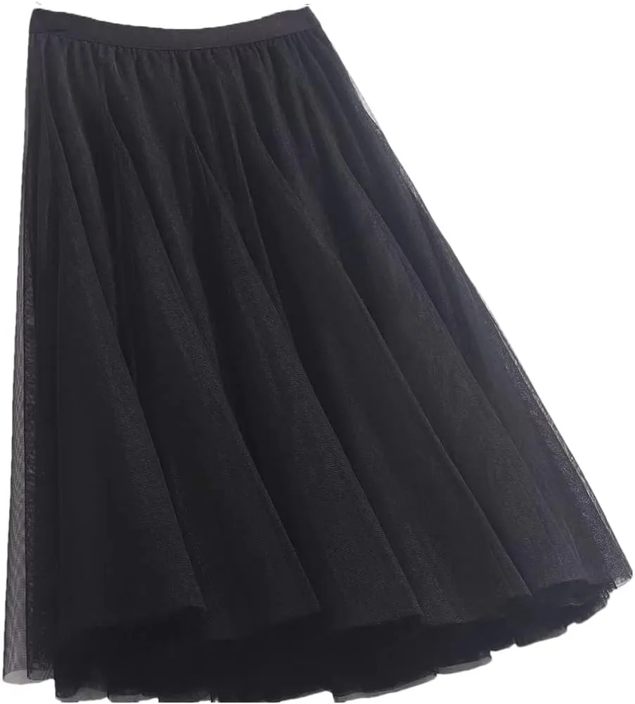 Women 3 Layers 85 Cm Pleated Skirt Midi Tulle Skirt High Waist Full Lining Adult Women Skirts
