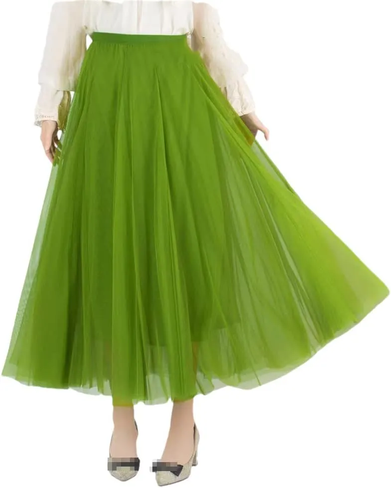 Women 3 Layers 85 Cm Pleated Skirt Midi Tulle Skirt High Waist Full Lining Adult Women Skirts