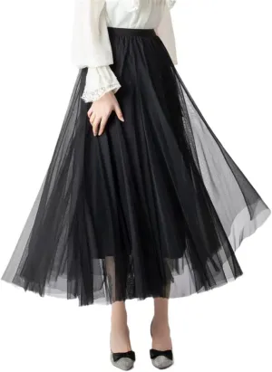 Women 3 Layers 85 Cm Pleated Skirt Midi Tulle Skirt High Waist Full Lining Adult Women Skirts