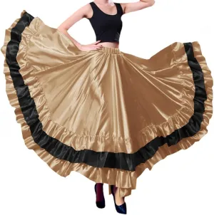 Women Black Red Layers Satin Long Skirt for Spanish Flamenco Belly Dance Mexico Ballet Folklorico Performance
