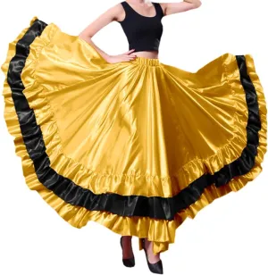 Women Black Red Layers Satin Long Skirt for Spanish Flamenco Belly Dance Mexico Ballet Folklorico Performance
