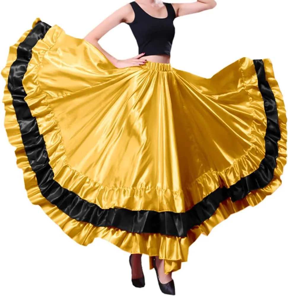 Women Black Red Layers Satin Long Skirt for Spanish Flamenco Belly Dance Mexico Ballet Folklorico Performance