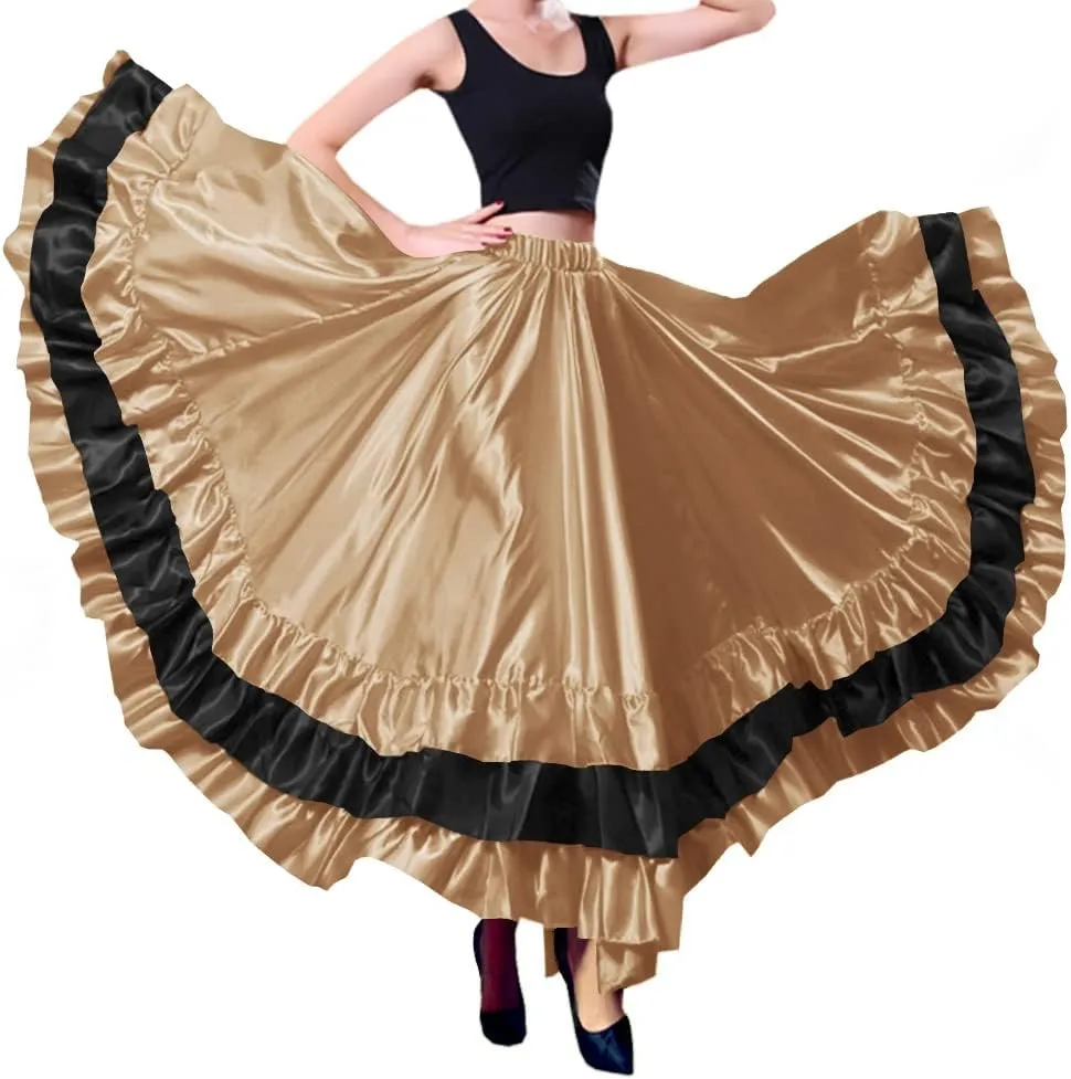Women Black Red Layers Satin Long Skirt for Spanish Flamenco Belly Dance Mexico Ballet Folklorico Performance