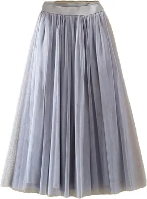 Women Casual High Waist Pleated Long Skirt Female Korean 3 Layers Midi Summer Tulle Skirt