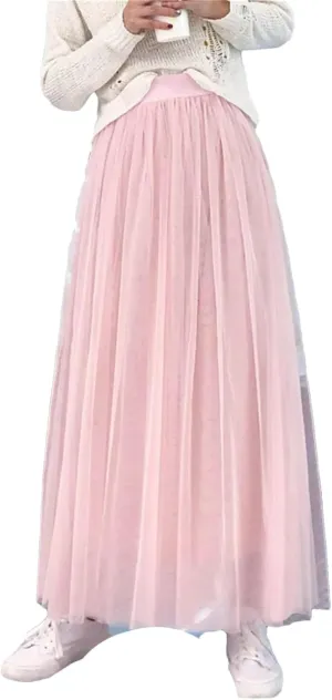 Women Casual High Waist Pleated Long Skirt Female Korean 3 Layers Midi Summer Tulle Skirt