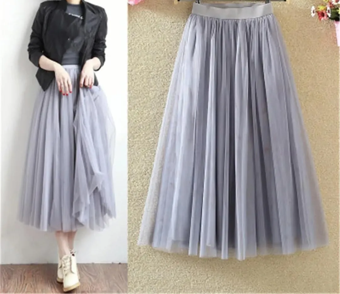 Women Casual High Waist Pleated Long Skirt Female Korean 3 Layers Midi Summer Tulle Skirt