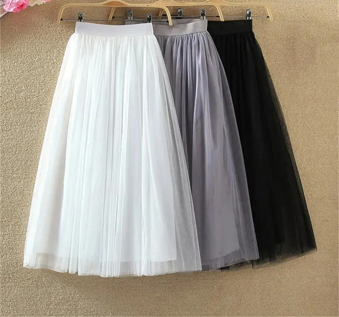 Women Casual High Waist Pleated Long Skirt Female Korean 3 Layers Midi Summer Tulle Skirt