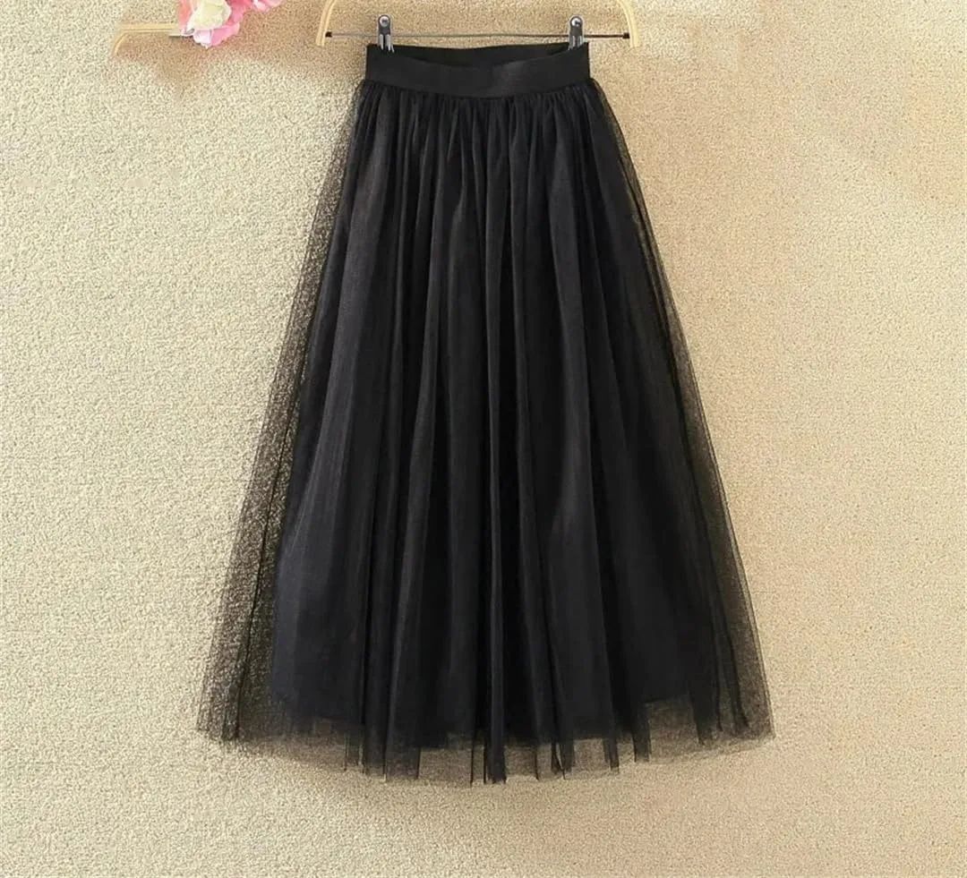 Women Casual High Waist Pleated Long Skirt Female Korean 3 Layers Midi Summer Tulle Skirt