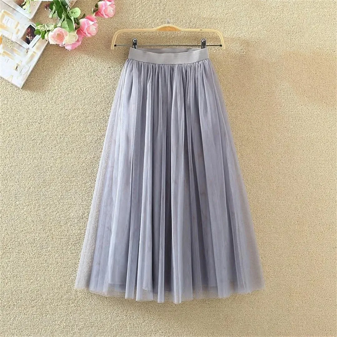 Women Casual High Waist Pleated Long Skirt Female Korean 3 Layers Midi Summer Tulle Skirt