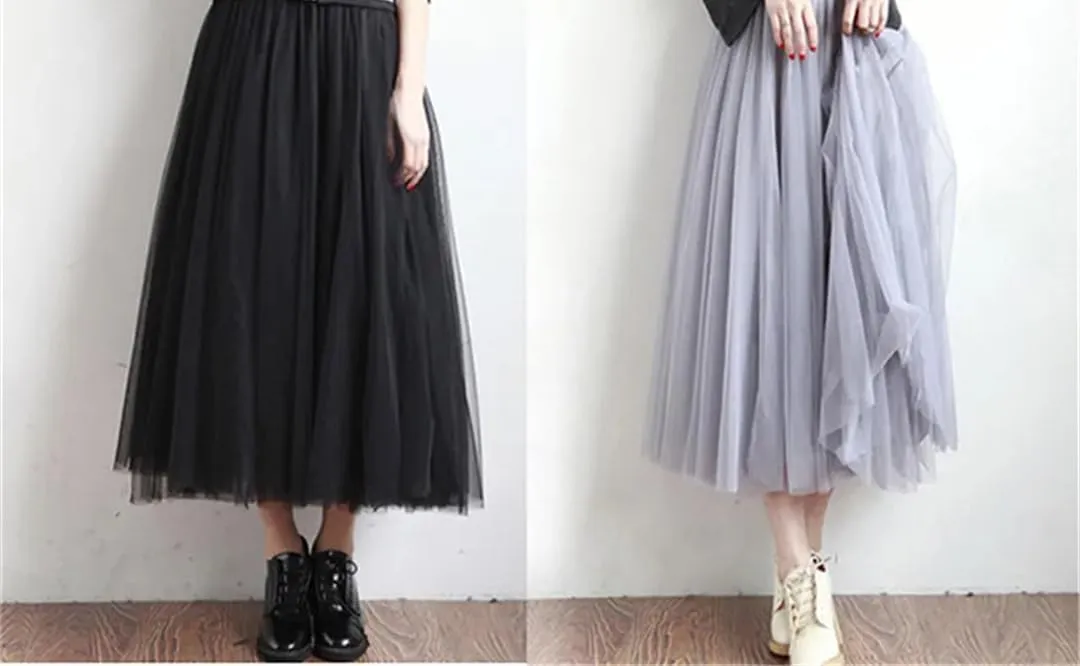 Women Casual High Waist Pleated Long Skirt Female Korean 3 Layers Midi Summer Tulle Skirt