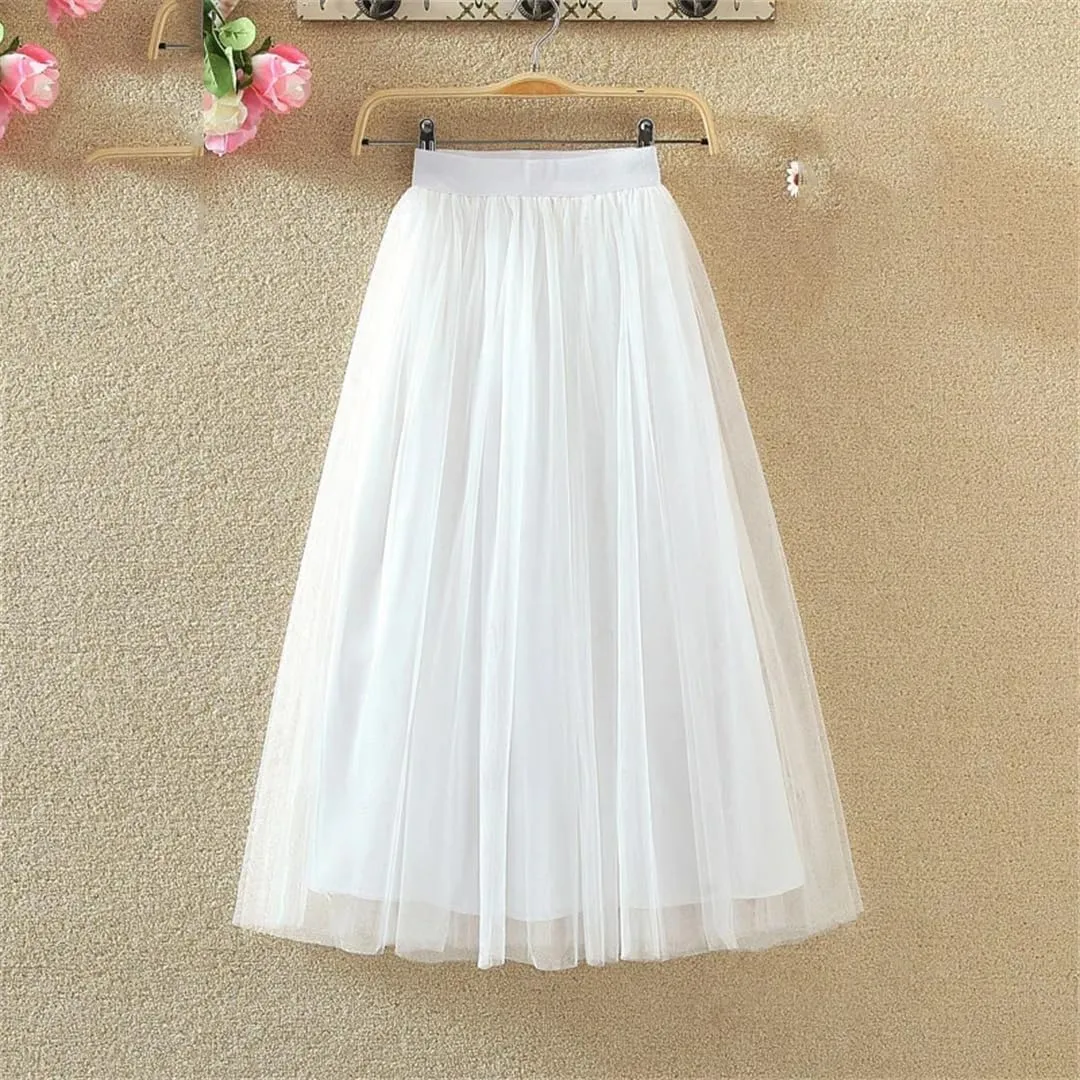Women Casual High Waist Pleated Long Skirt Female Korean 3 Layers Midi Summer Tulle Skirt
