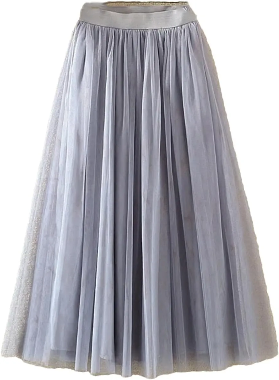 Women Casual High Waist Pleated Long Skirt Female Korean 3 Layers Midi Summer Tulle Skirt