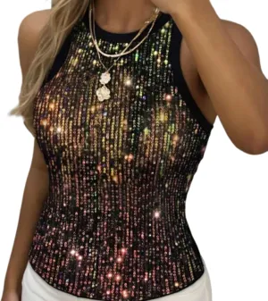Women Casual Sleeveless Sequin Sparkle Tank Tops Sexy Fashion O Neck Glitter Camisole Vest