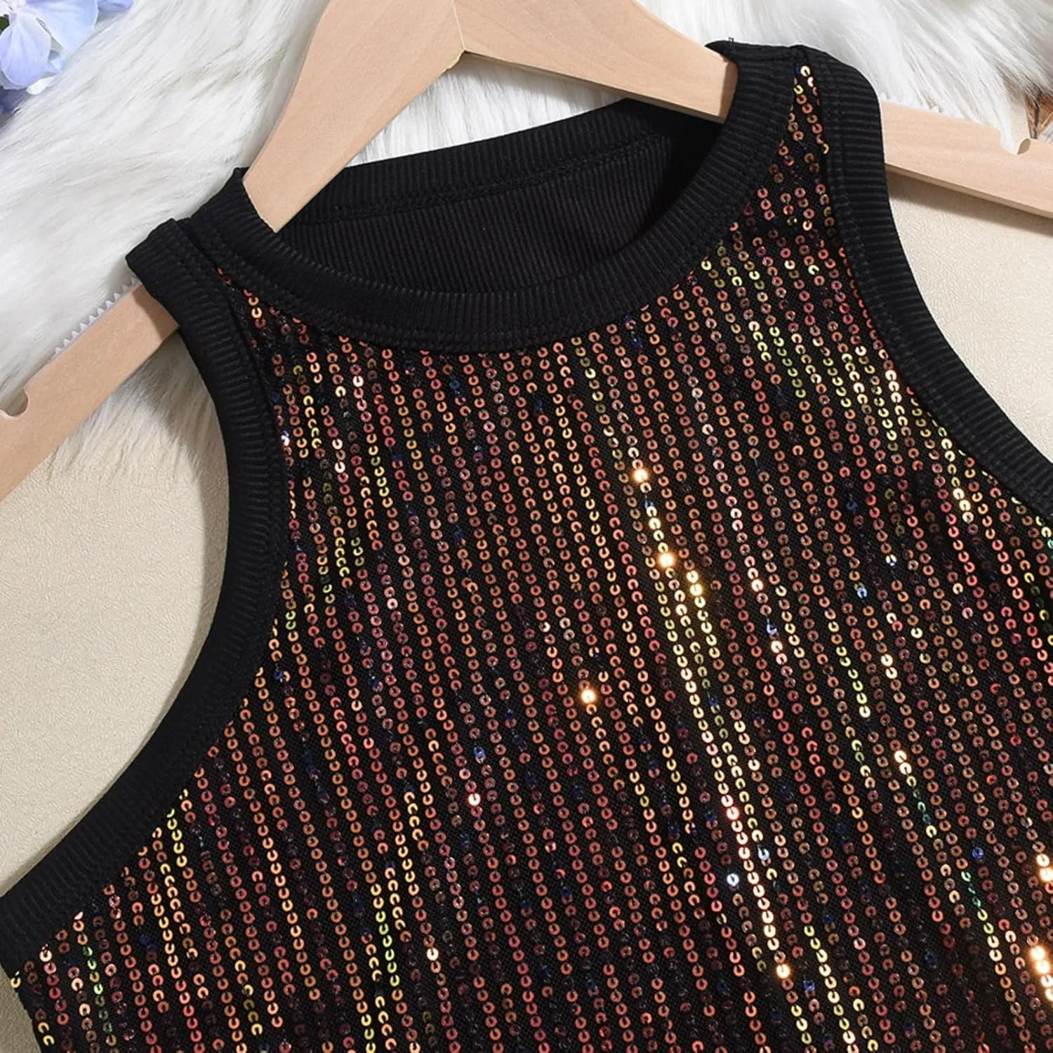 Women Casual Sleeveless Sequin Sparkle Tank Tops Sexy Fashion O Neck Glitter Camisole Vest