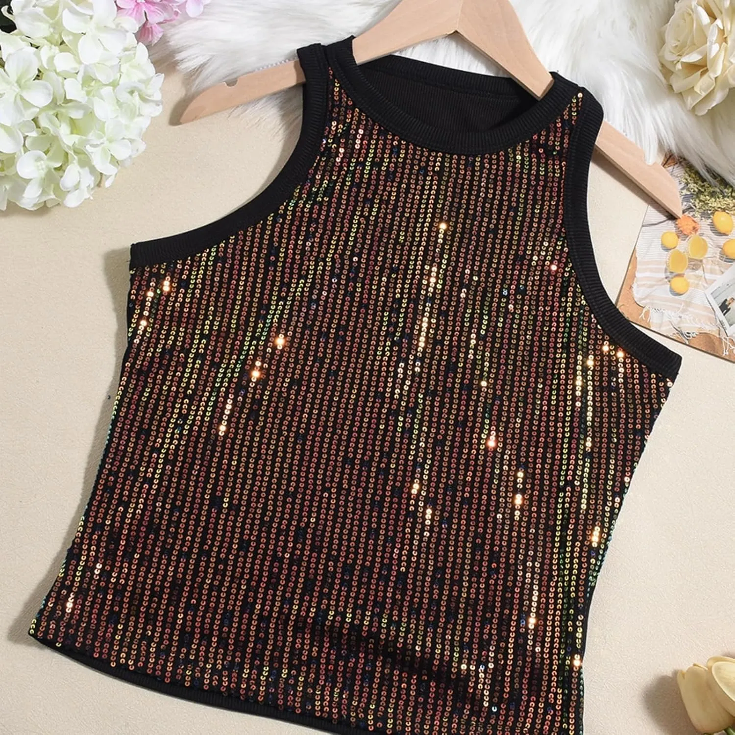 Women Casual Sleeveless Sequin Sparkle Tank Tops Sexy Fashion O Neck Glitter Camisole Vest