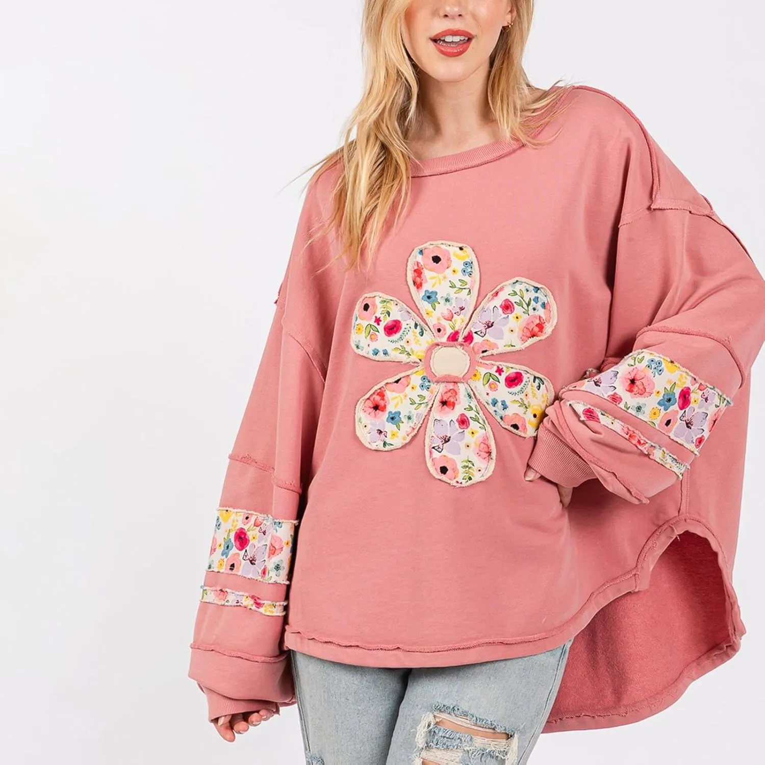 Women Floral Oversized Sweatshirts Long Sleeve Crewneck Graphic Print Hoodies Pullover Tops Y2k Fall Fashion