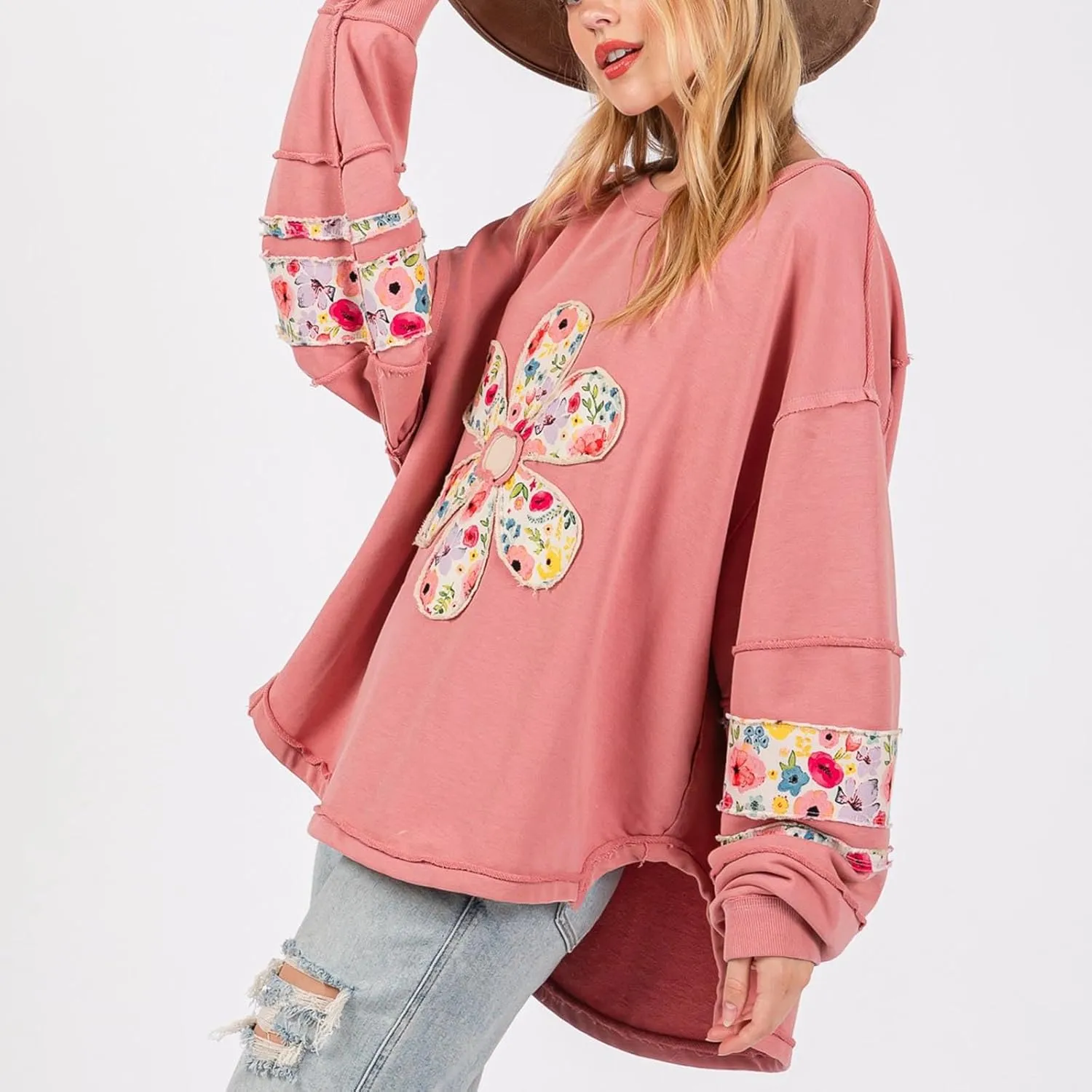 Women Floral Oversized Sweatshirts Long Sleeve Crewneck Graphic Print Hoodies Pullover Tops Y2k Fall Fashion