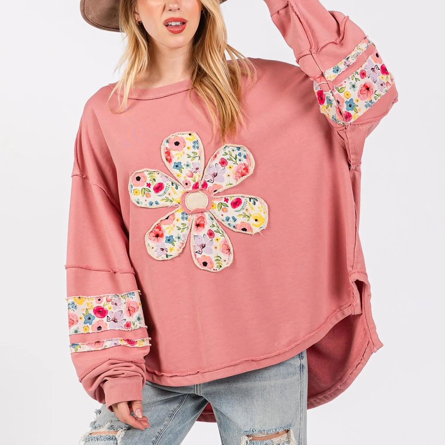Women Floral Oversized Sweatshirts Long Sleeve Crewneck Graphic Print Hoodies Pullover Tops Y2k Fall Fashion