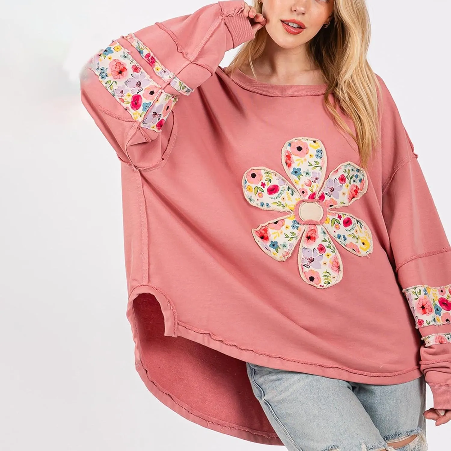 Women Floral Oversized Sweatshirts Long Sleeve Crewneck Graphic Print Hoodies Pullover Tops Y2k Fall Fashion
