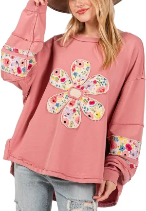 Women Floral Oversized Sweatshirts Long Sleeve Crewneck Graphic Print Hoodies Pullover Tops Y2k Fall Fashion