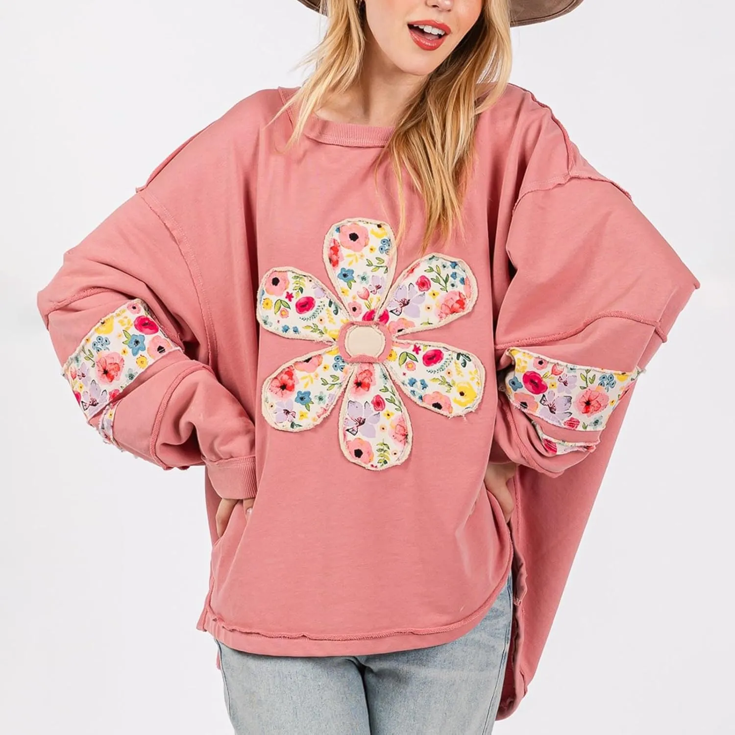 Women Floral Oversized Sweatshirts Long Sleeve Crewneck Graphic Print Hoodies Pullover Tops Y2k Fall Fashion