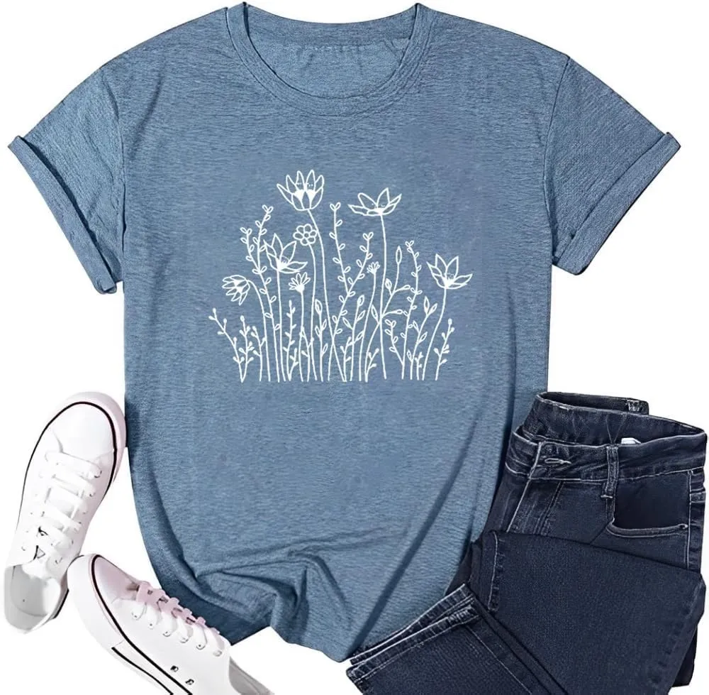 Women Graphic Tees Cute Nature Flower Printed Funny Short Sleeve Tops Vintage Novelty Casual Teacher Shirt