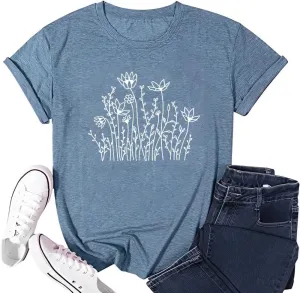 Women Graphic Tees Cute Nature Flower Printed Funny Short Sleeve Tops Vintage Novelty Casual Teacher Shirt