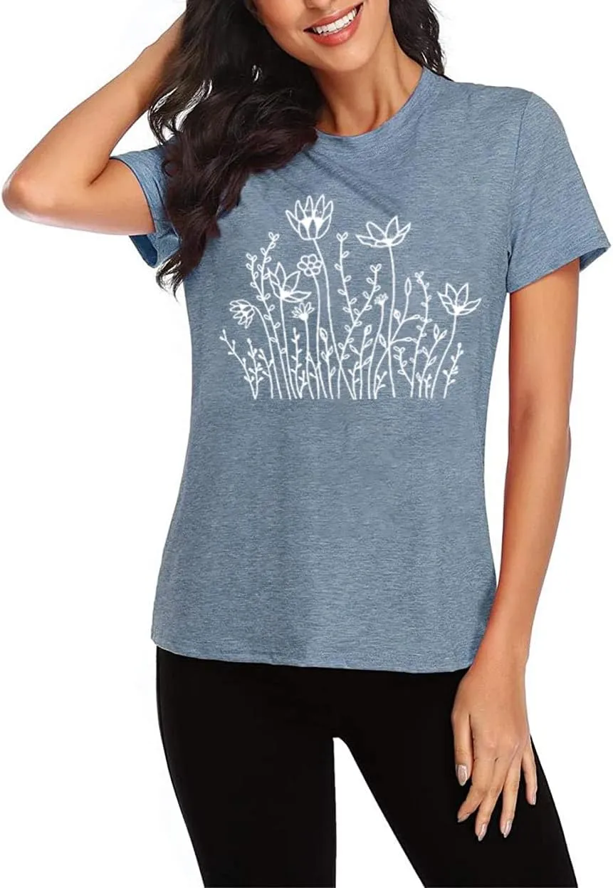 Women Graphic Tees Cute Nature Flower Printed Funny Short Sleeve Tops Vintage Novelty Casual Teacher Shirt