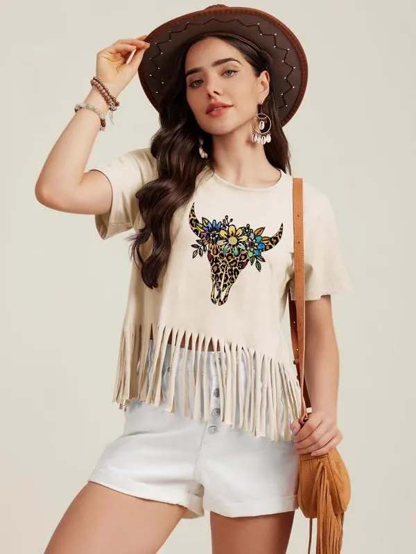 Women Graphic Tees Western Shirts Vintage Cowgirl Fringe Shirt Country Concert Tops Short Sleeve