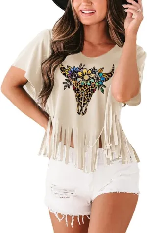 Women Graphic Tees Western Shirts Vintage Cowgirl Fringe Shirt Country Concert Tops Short Sleeve
