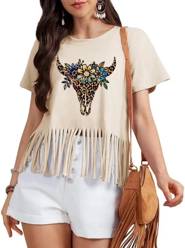 Women Graphic Tees Western Shirts Vintage Cowgirl Fringe Shirt Country Concert Tops Short Sleeve