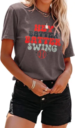 Women Hey Batter Batter Swing Shirt Baseball Mom Graphic Tee Short Sleeve Loose Ballpark Top Casual Sports Tees