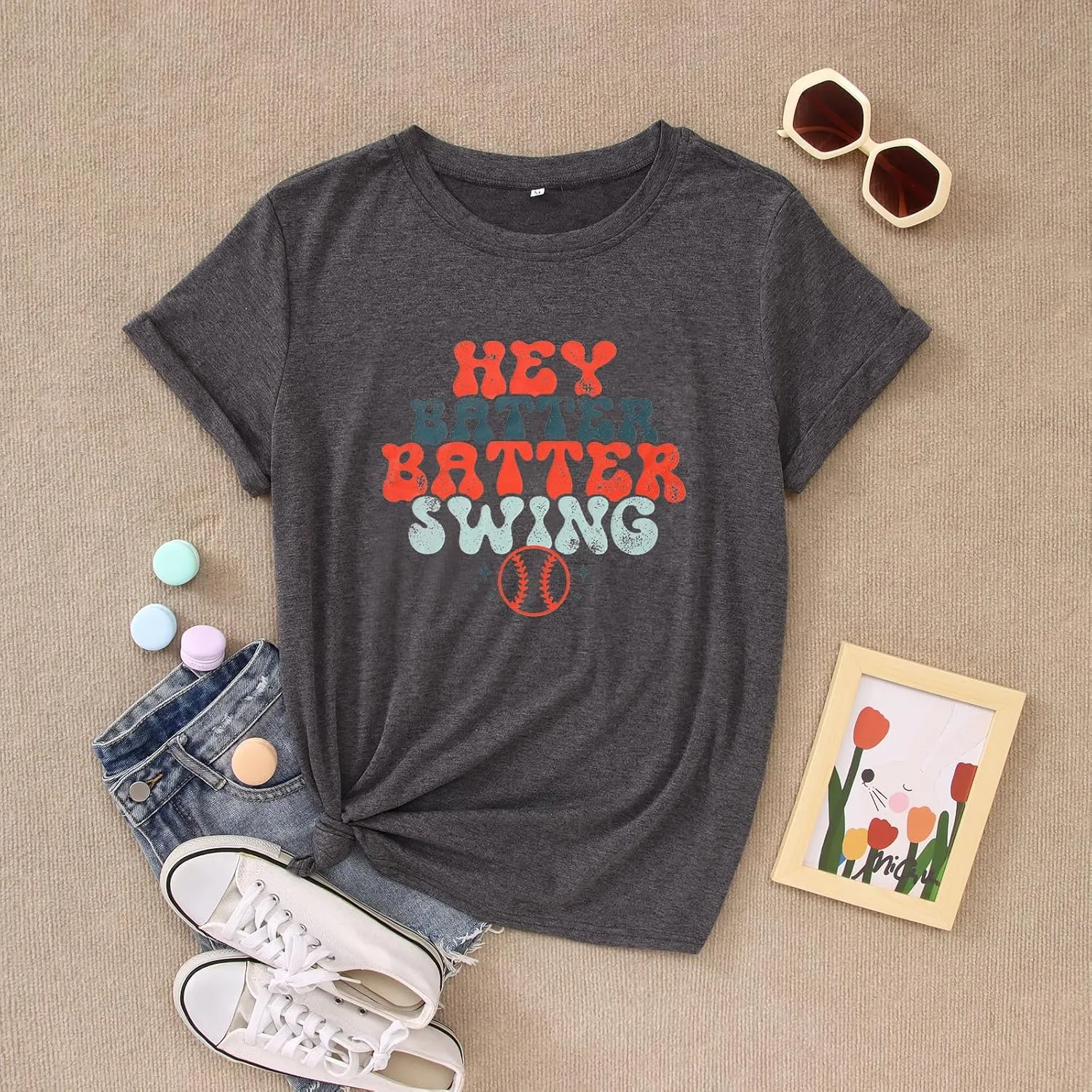 Women Hey Batter Batter Swing Shirt Baseball Mom Graphic Tee Short Sleeve Loose Ballpark Top Casual Sports Tees