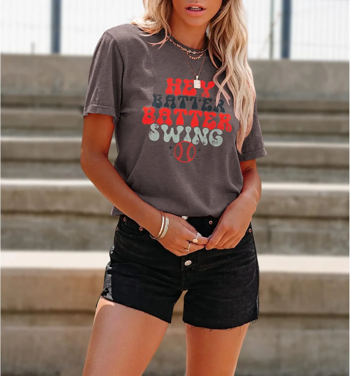 Women Hey Batter Batter Swing Shirt Baseball Mom Graphic Tee Short Sleeve Loose Ballpark Top Casual Sports Tees