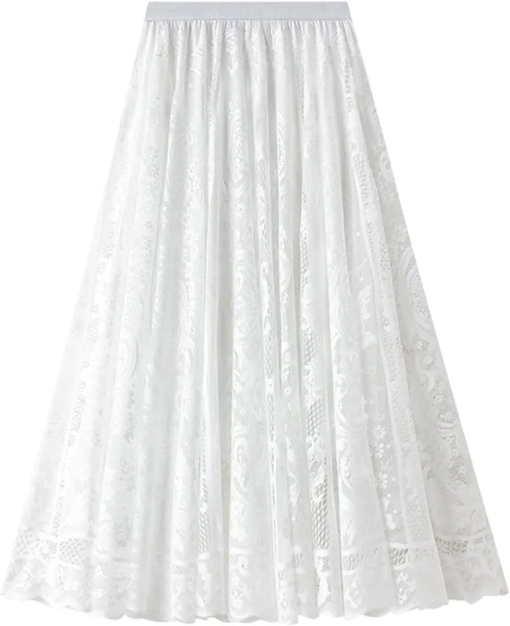 Women High Waist Pleated A-Line Lace Midi Skirt Double Layers Party Skirt Embroidered Floral Long Skirts
