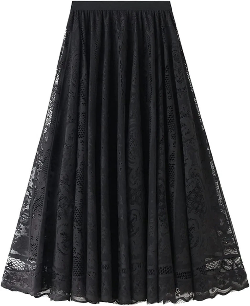 Women High Waist Pleated A-Line Lace Midi Skirt Double Layers Party Skirt Embroidered Floral Long Skirts
