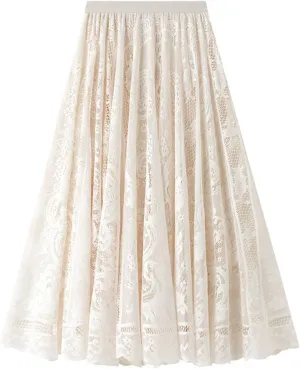 Women High Waist Pleated A-Line Lace Midi Skirt Double Layers Party Skirt Embroidered Floral Long Skirts