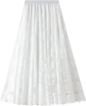 Women High Waist Pleated A-Line Lace Midi Skirt Double Layers Party Skirt Embroidered Floral Long Skirts