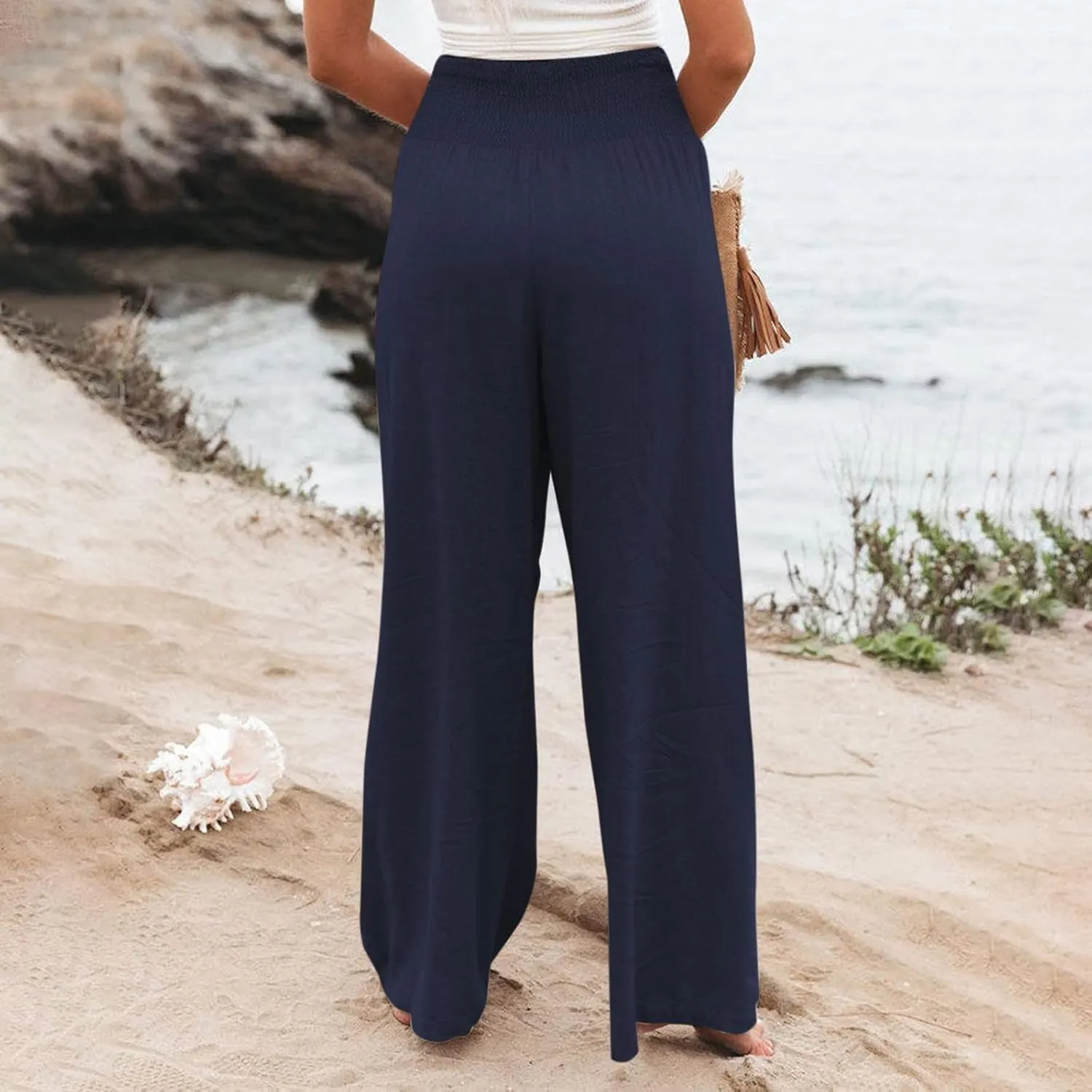 Women Linen Palazzo Pants Wide Leg Elastic High Waist Casual Loose Summer Beach Travel Lounge Pants 2024