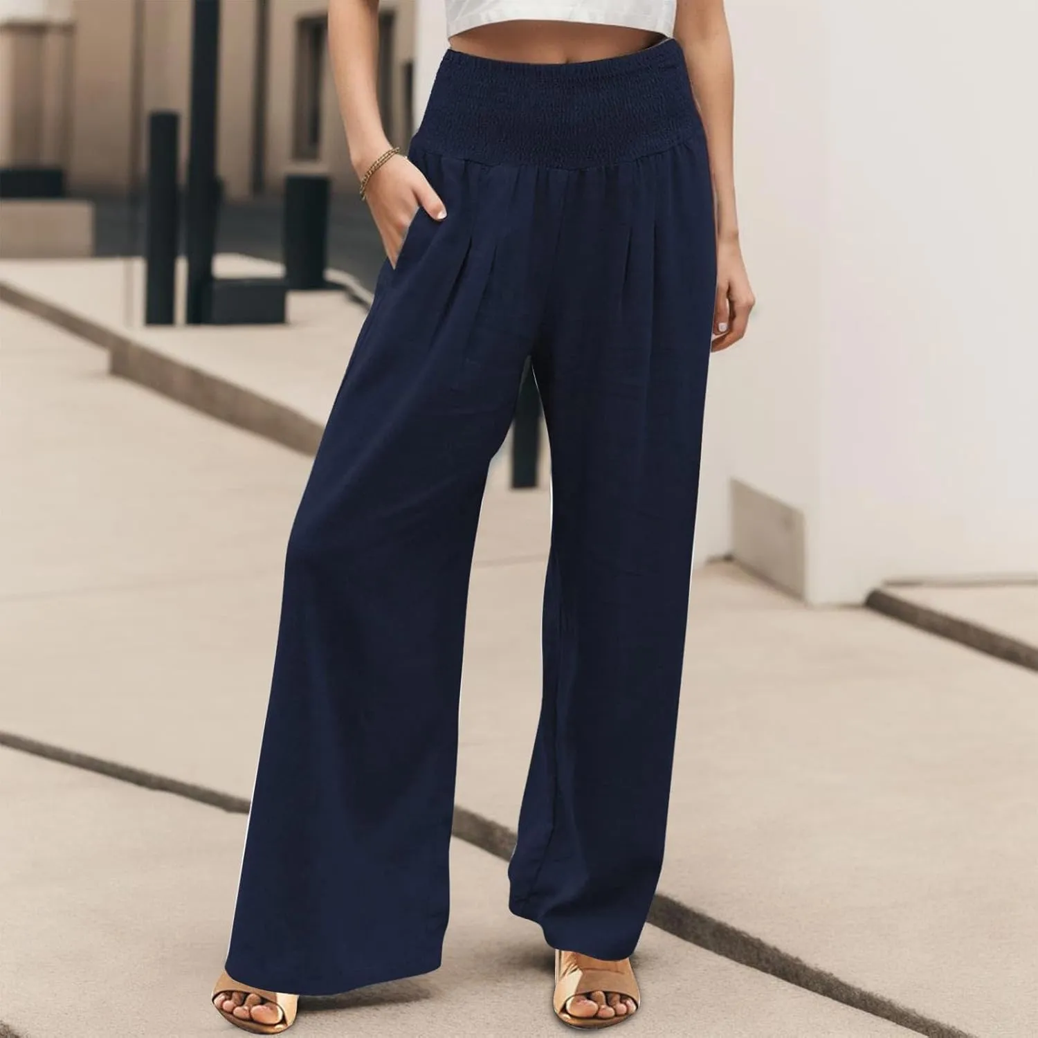 Women Linen Palazzo Pants Wide Leg Elastic High Waist Casual Loose Summer Beach Travel Lounge Pants 2024