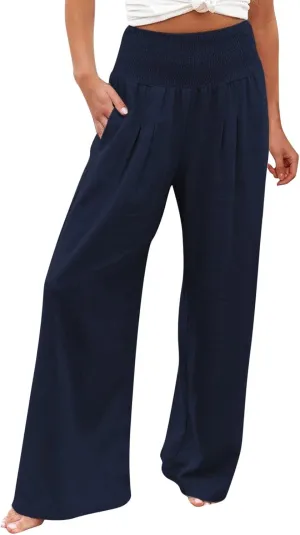 Women Linen Palazzo Pants Wide Leg Elastic High Waist Casual Loose Summer Beach Travel Lounge Pants 2024