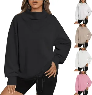 Women Oversized Turtleneck Sweatshirts 2023 Fall Solid Long Sleeve Pullover Tops Casual Clothes with Drawstring Hem