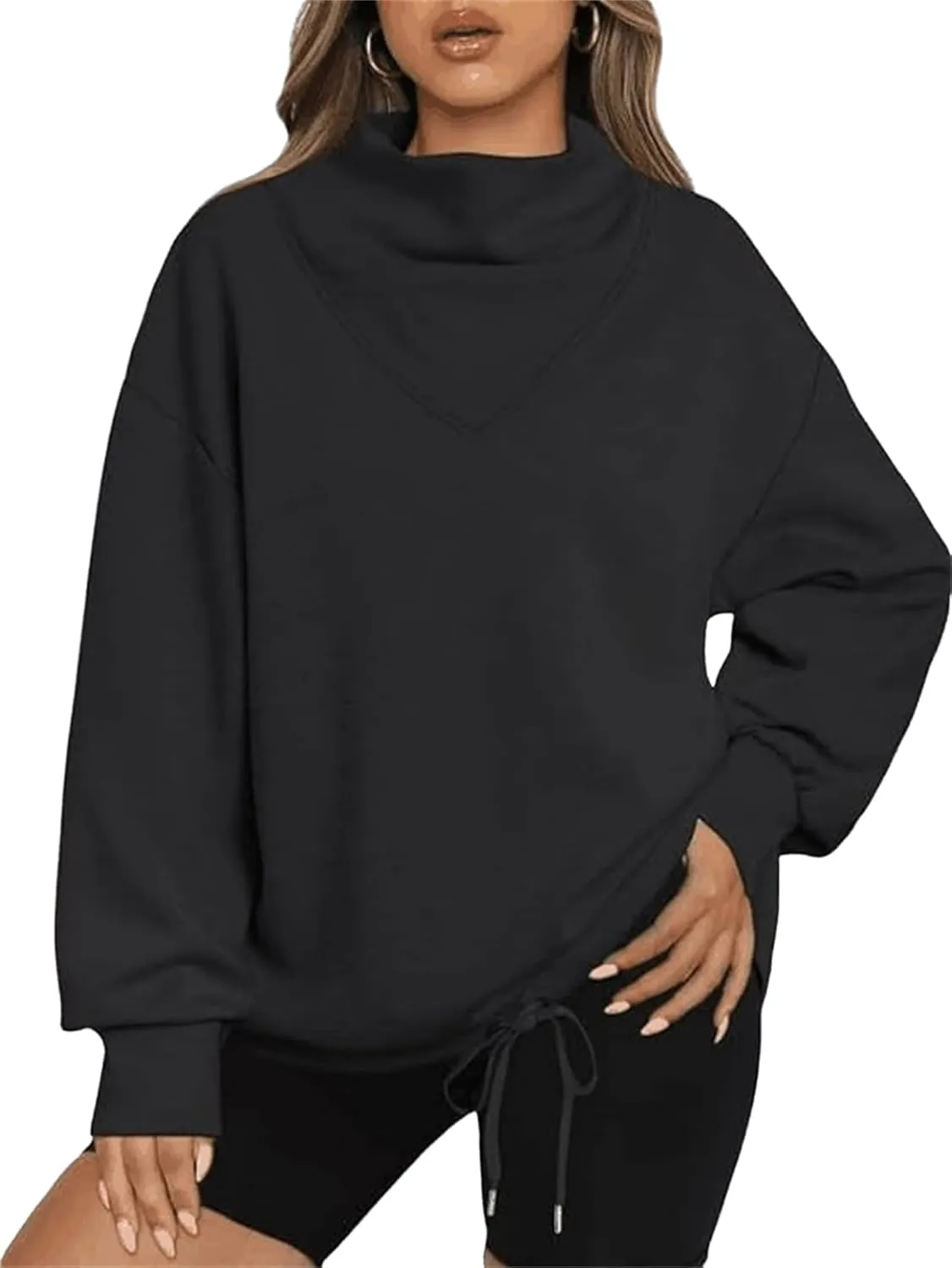Women Oversized Turtleneck Sweatshirts 2023 Fall Solid Long Sleeve Pullover Tops Casual Clothes with Drawstring Hem
