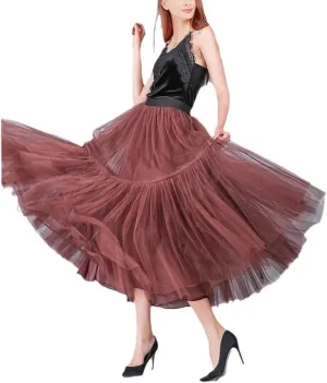Women Pleated Mesh Tulle Skirts, 3 Layers Princess Tutu Skirts, Sweet Bridesmaids Midi Elastic High Waist Skirt