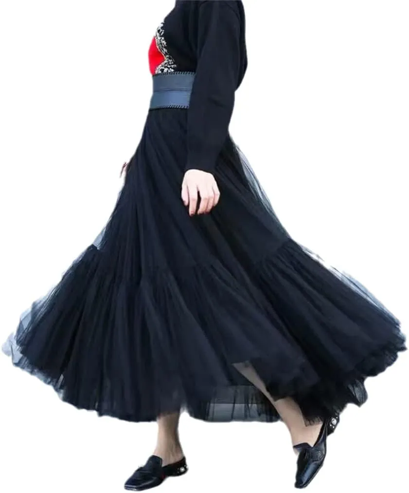 Women Pleated Mesh Tulle Skirts, 3 Layers Princess Tutu Skirts, Sweet Bridesmaids Midi Elastic High Waist Skirt