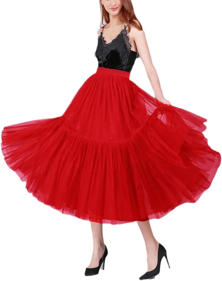 Women Pleated Mesh Tulle Skirts, 3 Layers Princess Tutu Skirts, Sweet Bridesmaids Midi Elastic High Waist Skirt
