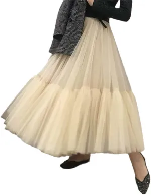 Women Pleated Mesh Tulle Skirts, 3 Layers Princess Tutu Skirts, Sweet Bridesmaids Midi Elastic High Waist Skirt