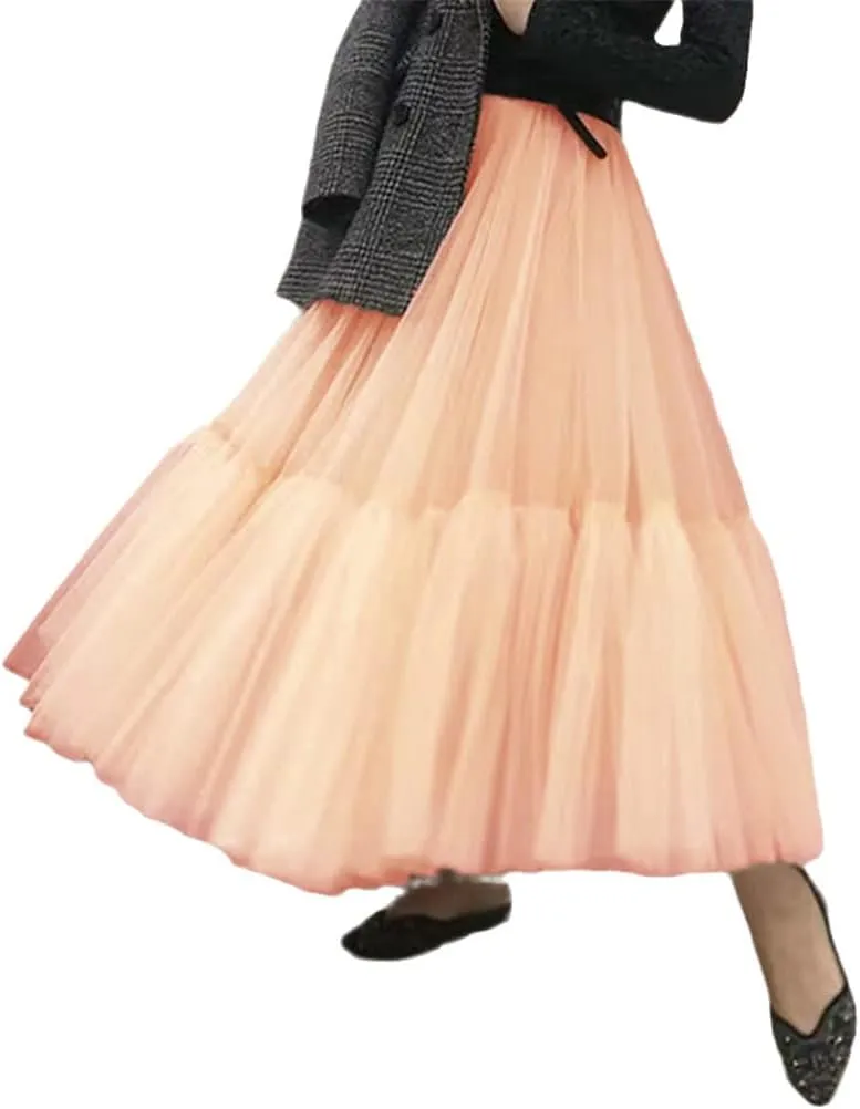 Women Pleated Mesh Tulle Skirts, 3 Layers Princess Tutu Skirts, Sweet Bridesmaids Midi Elastic High Waist Skirt